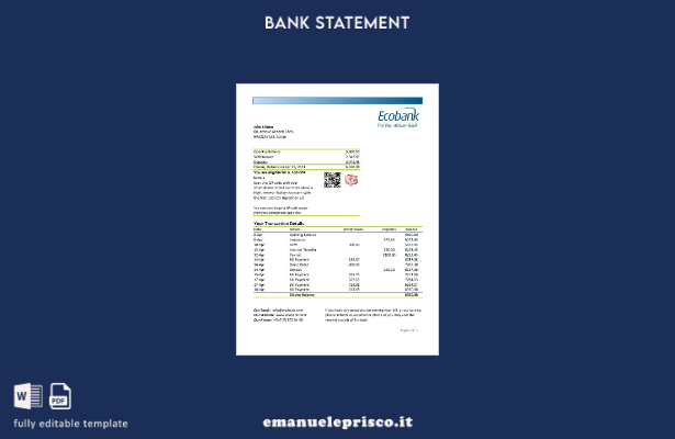 modello Excel di estratto conto bancario Congo Ecobank in stile verificato